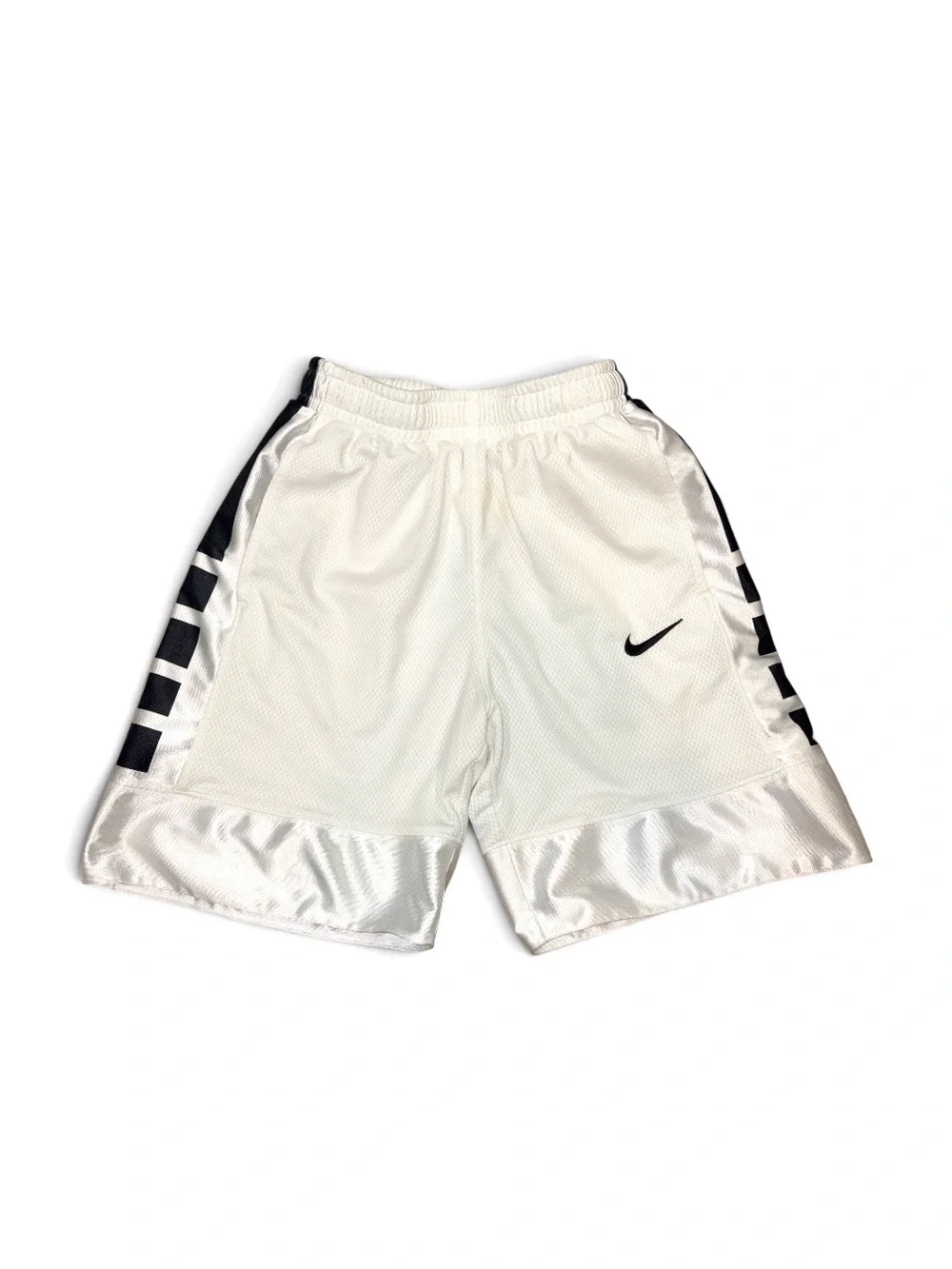 Nike Dri-Fit white basketball shorts with black stripes on sides, Youth size M